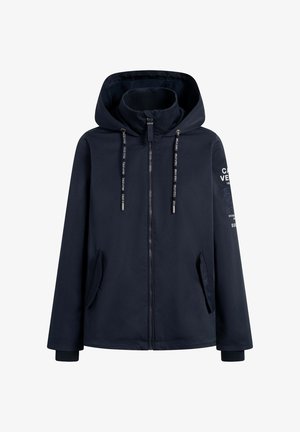 Marineblaue Jacke mit Kapuze, Frontreißverschluss und zwei Seitentaschen. Mit gemusterten Kordeln und bedruckten Akzenten am Ärmel.