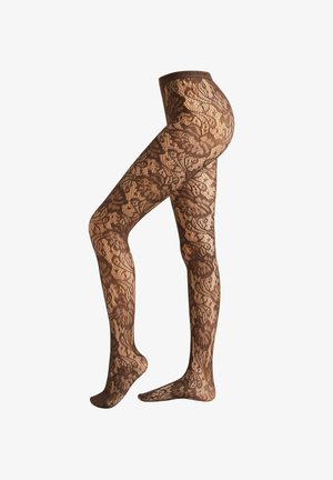 Leggings en dentelle marron avec un motif floral, texture semi-opaque et taille élastique unie. Coupe ajustée s'étendant de la taille jusqu'au pied.
