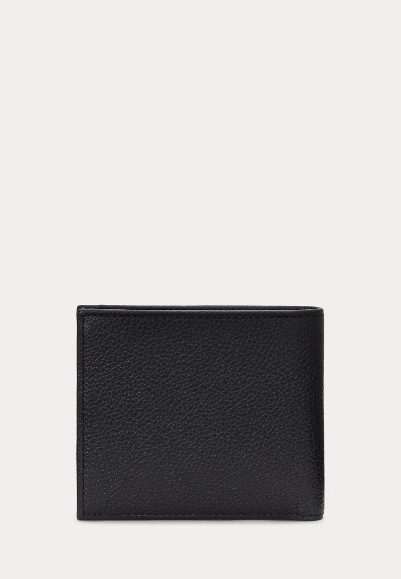 Portefeuille bi-fold en cuir noir texturé fermé, présentant des bords lisses et une couture fine sur un fond clair.