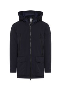 Giacca invernale con cappuccio di colore blu navy, con zip frontale, due tasche sul petto con zip e due tasche inferiori con flap e bottoni.