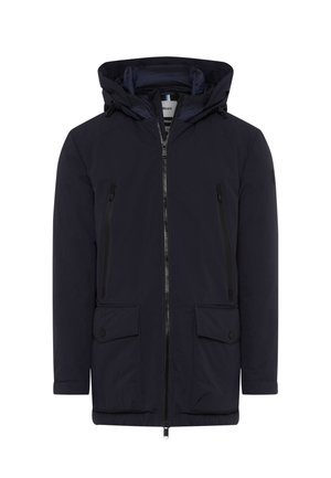 Marineblauwe winterjas met capuchon, een ritssluiting aan de voorkant, twee ritszakken op de borst en twee knopfleszakken onderaan.