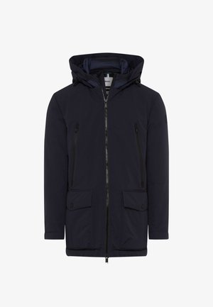 Marineblaue Winterjacke mit Kapuze, Vorderreißverschluss, zwei Reißverschlusstaschen auf der Brust und zwei geknöpften Klappentaschen unten.