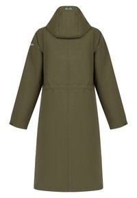 Imperméable vert olive avec capuche, manches longues, poignets à boutons et coupe droite. Matière lisse et résistante à l'eau avec un design simple.