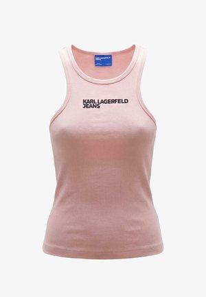 Różowy prążkowany top bez rękawów z okrągłym dekoltem, z czarnym wyszywanym logo "KARL LAGERFELD JEANS" na piersi.