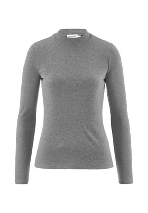 Grau geripptes Langarm-Turtleneck-Sweatshirt mit schmaler Silhouette und glatter Textur. Verfügt über einen hohen Kragen und ein minimalistisches Design.