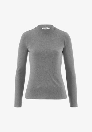 Gray ribbed long-sleeve turtleneck sweater with a fitted silhouette and a smooth texture. Features a high collar and minimalistic design.