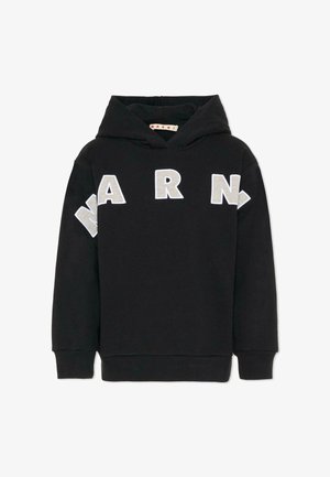 Felpa nera con cappuccio con grandi lettere bianche e grigie "MARNI" sul petto e sulle maniche, polsini e orlo a costine.
