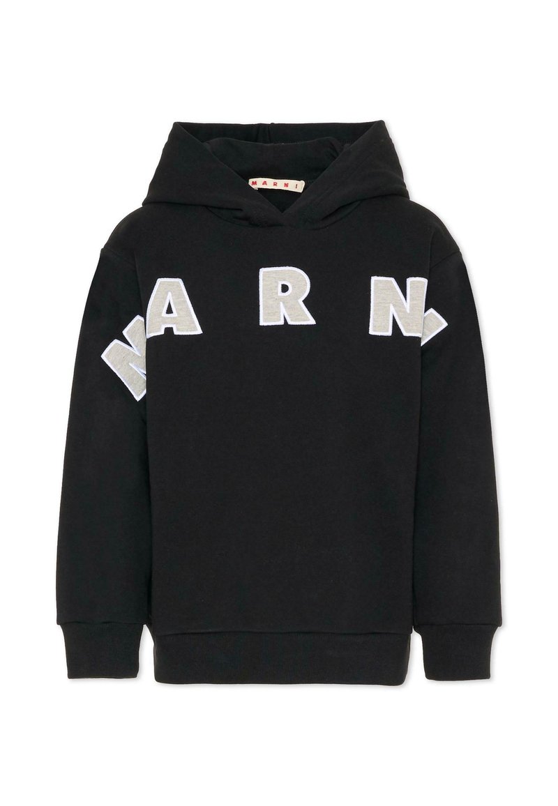 Felpa nera con cappuccio con grandi lettere bianche e grigie "MARNI" sul petto e sulle maniche, polsini e orlo a costine.