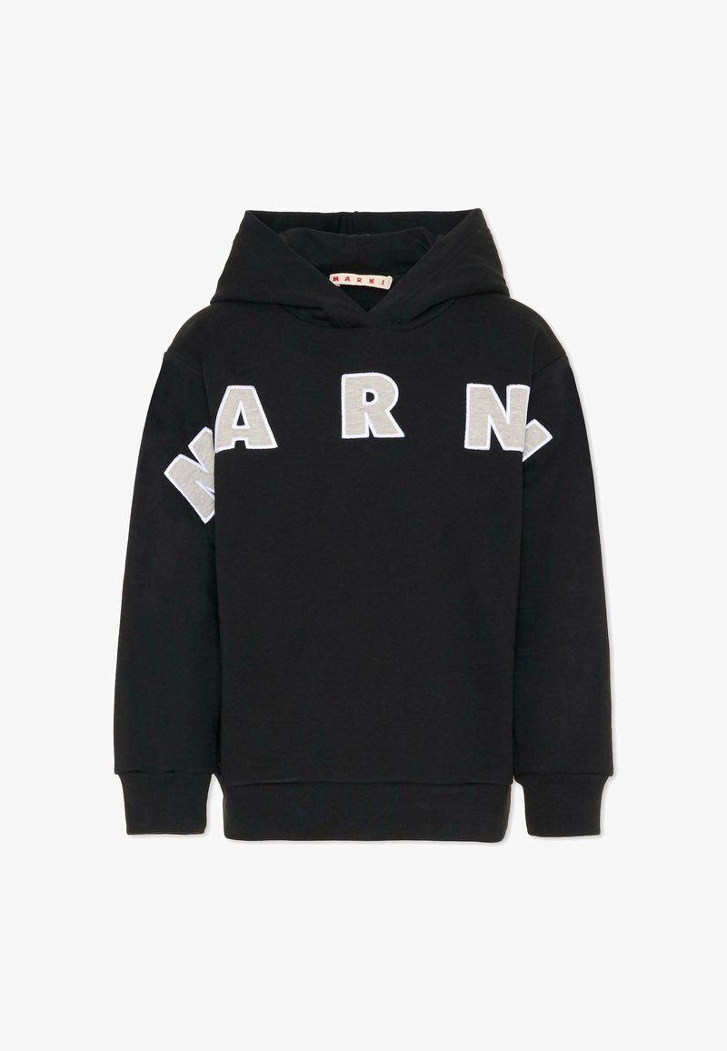 Felpa nera con cappuccio con grandi lettere bianche e grigie "MARNI" sul petto e sulle maniche, polsini e orlo a costine.