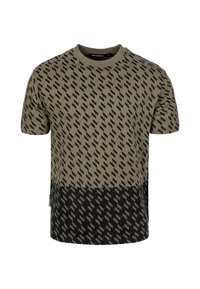 Tričko s krátkým rukávem v olivově zelené barvě s černým geometrickým vzorem, s pevným černým spodním dílem a kulatým výstřihem.