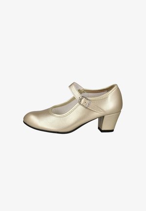 Zapato Mary Jane dorado con tacón bajo de bloque y correa ajustable con hebilla, mostrado de lado sobre fondo blanco.