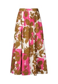 Gonna midi floreale bianca, rosa e marrone, con vita alta, design arricciato e audaci motivi di rose su un tessuto liscio.