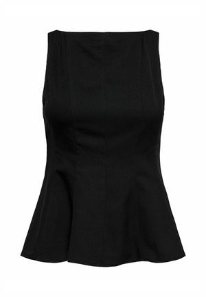 Czarny top peplum wykonany z gładkiego materiału. Posiada bezrękawowy krój z dopasowaną górą i rozszerzanym dołem, co tworzy sylwetkę w kształcie klepsydry.