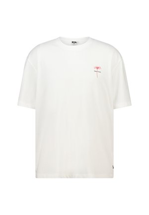 White cotton t-shirt with a crew neck and short sleeves. Features a small pink graphic of a tree and the text "New York" in black.
