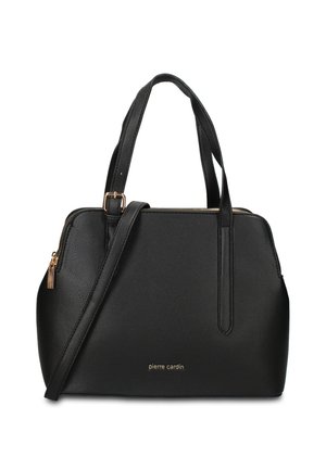 Zwarte leren handtas met dubbele handvatten, verstelbare schouderriem, gouden rits en "pierre cardin"-logo aan de voorkant in het midden.