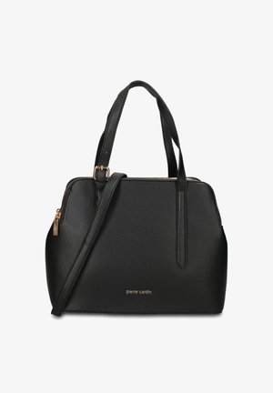 Sac à main en cuir noir avec doubles poignées, bandoulière réglable, fermeture éclair dorée et logo "pierre cardin" au centre devant.