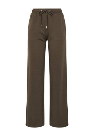 Brunat leve bukser med elastisk snor i taljen og sidelommer, vist på en hvid baggrund.