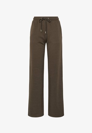Brune brede sweatpants med elastisk snor i taljen og sidelommer, præsenteret på en hvid baggrund.