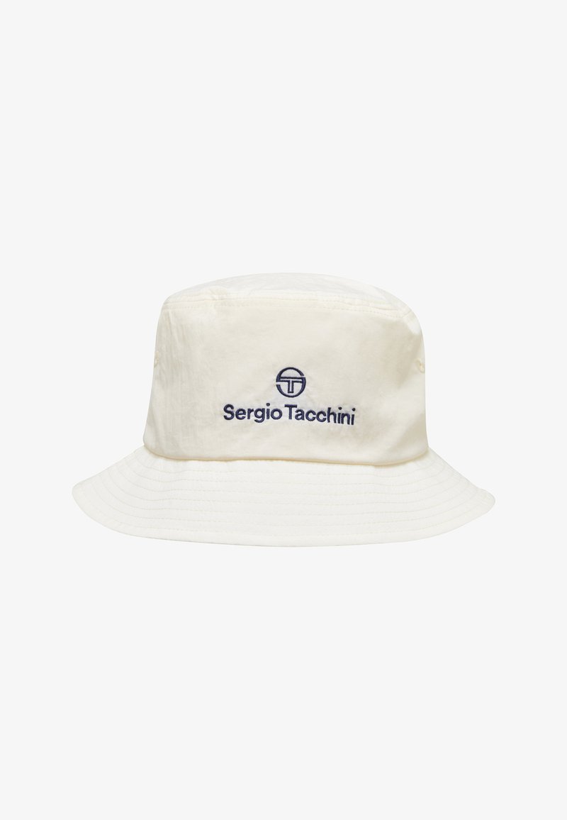 Chapeau seau blanc à large bord, avec logo et texte Sergio Tacchini brodés au centre avant.