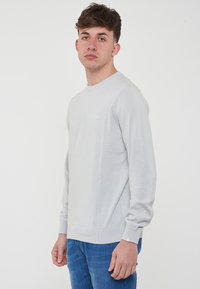 Maglione grigio chiaro a maniche lunghe in morbido tessuto a maglia. Presenta un collo rotondo e polsini a coste, con un piccolo logo sul petto.
