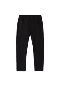 Schwarze Stretchhose mit elastischem Bund, ausgestattet mit zwei Gesäßtaschen und schmal zulaufendem Bein. Sanfte Textur, lässiges Design.