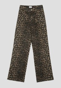 Jeans large à imprimé léopard en marron et noir, avec une taille haute, cinq poches et une fermeture à boutons à l'avant.