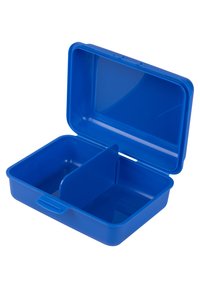 Lunch box blu in plastica con coperchio a cerniera, presenta due scomparti separati da un divisorio removibile, superficie liscia e manico.