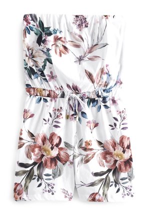 Combinaison fleurie en tissu blanc avec de grandes fleurs roses et violettes, taille réglable par cordon et encolure et poignets élastiqués.