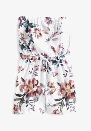 Bloemenprint jumpsuit in witte stof met grote roze en paarse bloemen, verstelbare taille met trekkoord en elastische halslijn en manchetten.