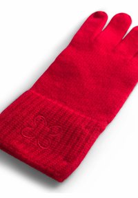 Gant en tricot rouge avec un poignet côtelé et un motif de fleur brodé. Comprend des ouvertures pour les doigts et une texture lisse.