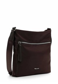 Brown nylon shoulder bag with a zippered front pocket, smooth texture, adjustable strap, and a silver logo accent on the lower front.