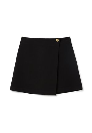 Black mini skirt with wrap design, secured by a single decorative gold button at the waistband.
