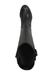 Black leather knee-high boot with a smooth texture, pointed toe, and a buckled accent on the side. Open shaft design for ease of wear.