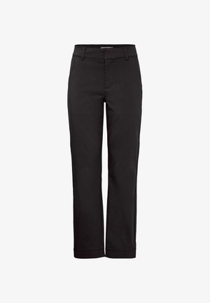 Fekete nadrág, egyenes lábú kialakítással, strapabíró anyagból készült. Derékpántja övhurkokkal rendelkezik, és lapos elülső zsebei vannak.