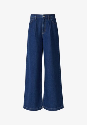 Dunkelblaue, hoch taillierte Jeans mit weitem Bein, vorderen Bügelfalten, Gürtelschlaufen, seitlichen Taschen sowie Knopf- und Reißverschluss vorne.