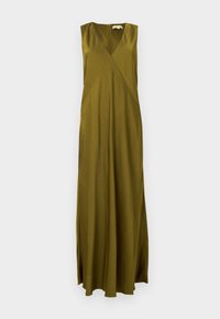 Olívazöld ujjatlan maxi ruha mély V-nyakkivágással és keresztbe fektetett dizájnnal. Sima anyagból készült, oldalsó hasítékkal és hátul cipzárral.