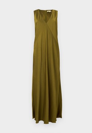 Olivgrünes ärmelloses Maxikleid mit tiefem V-Ausschnitt und Überkreuz-Design. Hergestellt aus glattem Stoff, mit seitlichem Schlitz und Reißverschluss am Rücken.