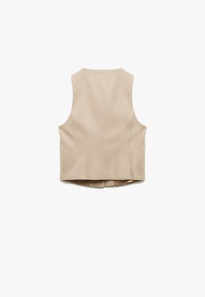 Beige ärmelloses Oberteil mit strukturiertem Design, geradem Saum, Rückennähten und minimalistischem Stil. Glatte Stoffoberfläche.