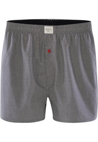 Šedé kostkované boxerky s černým elastickým pasem, na přední straně s jediným červeným knoflíkem a měkkou, prodyšnou texturou látky.