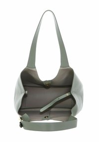 Sac à main en cuir vert avec une texture douce, ouverture en haut, et une bandoulière unique. L'intérieur arbore une doublure beige et une petite poche zippée.