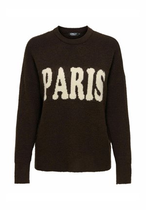 Pull en tricot marron foncé à manches longues avec "PARIS" en grandes lettres blanches sur la poitrine, col rond.