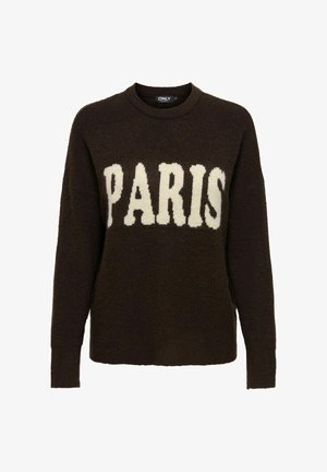 Donkerbruin gebreide trui met lange mouwen en "PARIS" in grote witte letters op de borst, ronde hals.