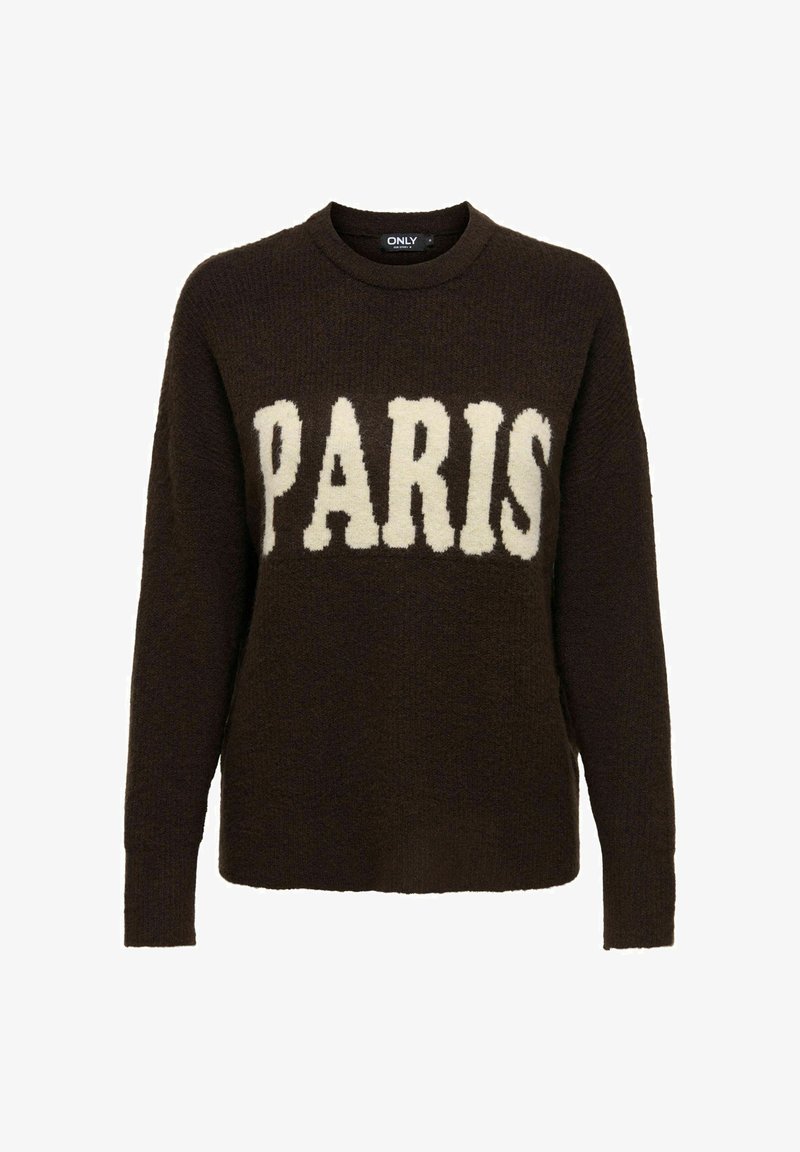 Pull en tricot marron foncé à manches longues avec "PARIS" en grandes lettres blanches sur la poitrine, col rond.