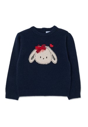 Flaskegrønstrikket børnesweater med en cremefarvet kaninfjæs, rød sløjfe på øret og et lille rødt hjerte over kaninen.