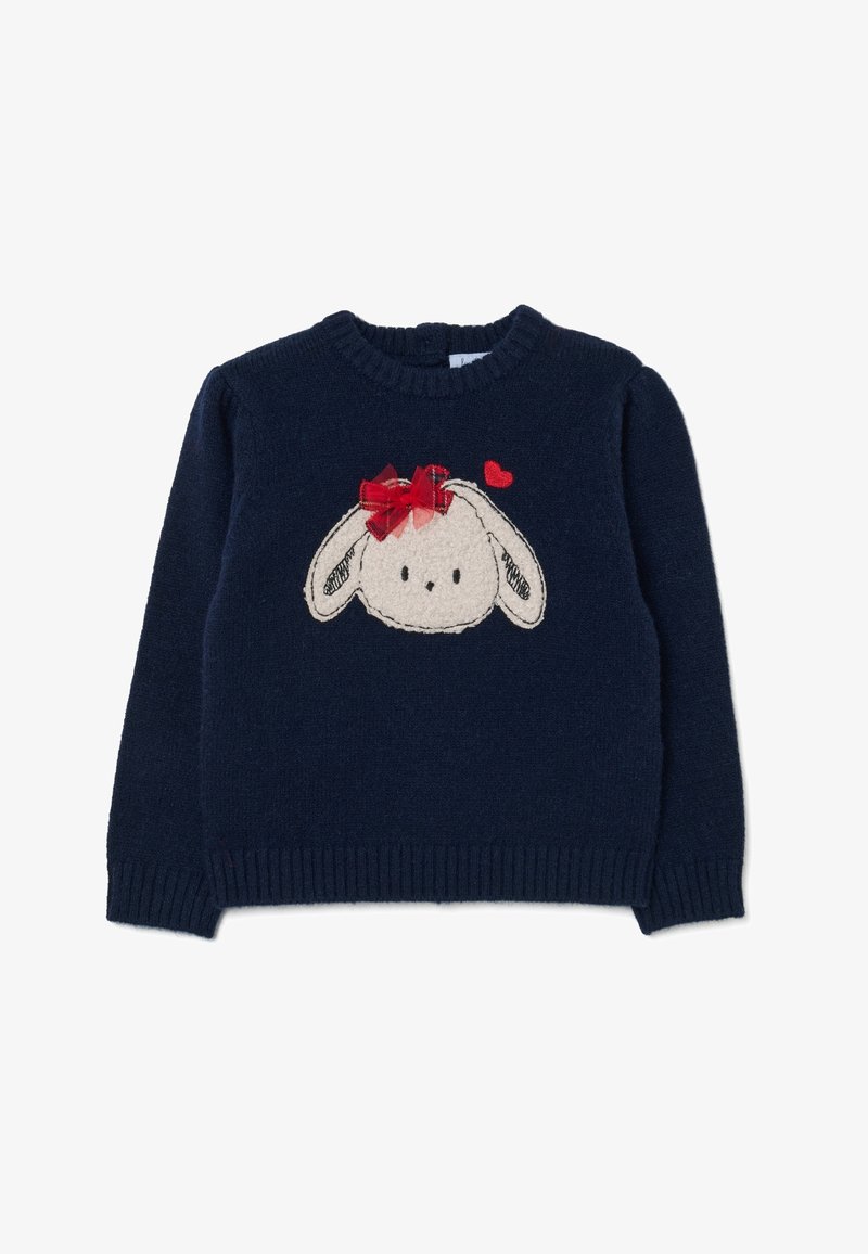 Pull en tricot bleu marine pour enfant avec un visage de lapin crème, un nœud rouge sur l’oreille et un petit cœur rouge au-dessus du lapin.
