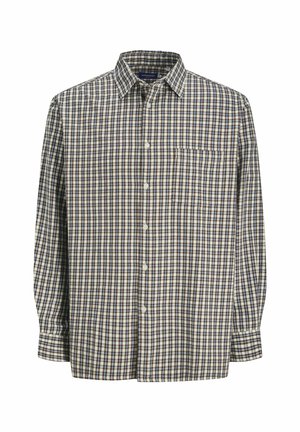 Chemise à boutons avec un motif tartan tissé en marine, crème et marron, dotée d'une poche sur le côté gauche de la poitrine et de poignets à boutons.