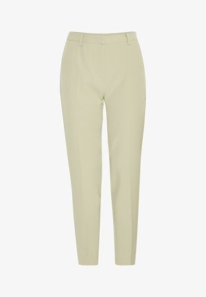 Pantaloni su misura verde chiaro dalla vestibilità slim, con passanti per la cintura, due tasche laterali e una texture liscia. Nessun motivo o dettaglio visibile.