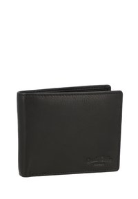 Portafoglio in pelle nera con finitura testurizzata, design a portafoglio bifold, cuciture visibili e dettaglio del logo in rilievo. Forma compatta e sottile.