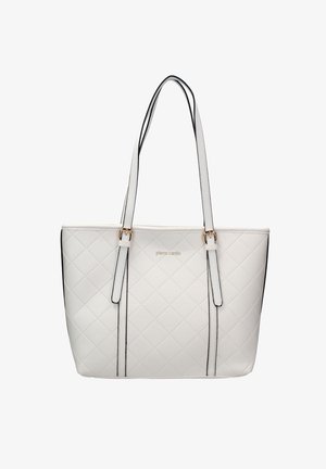 Sac fourre-tout matelassé blanc avec accents noirs, deux poignées pour l'épaule et un détail logo doré. Présente une forme rectangulaire et une texture lisse.