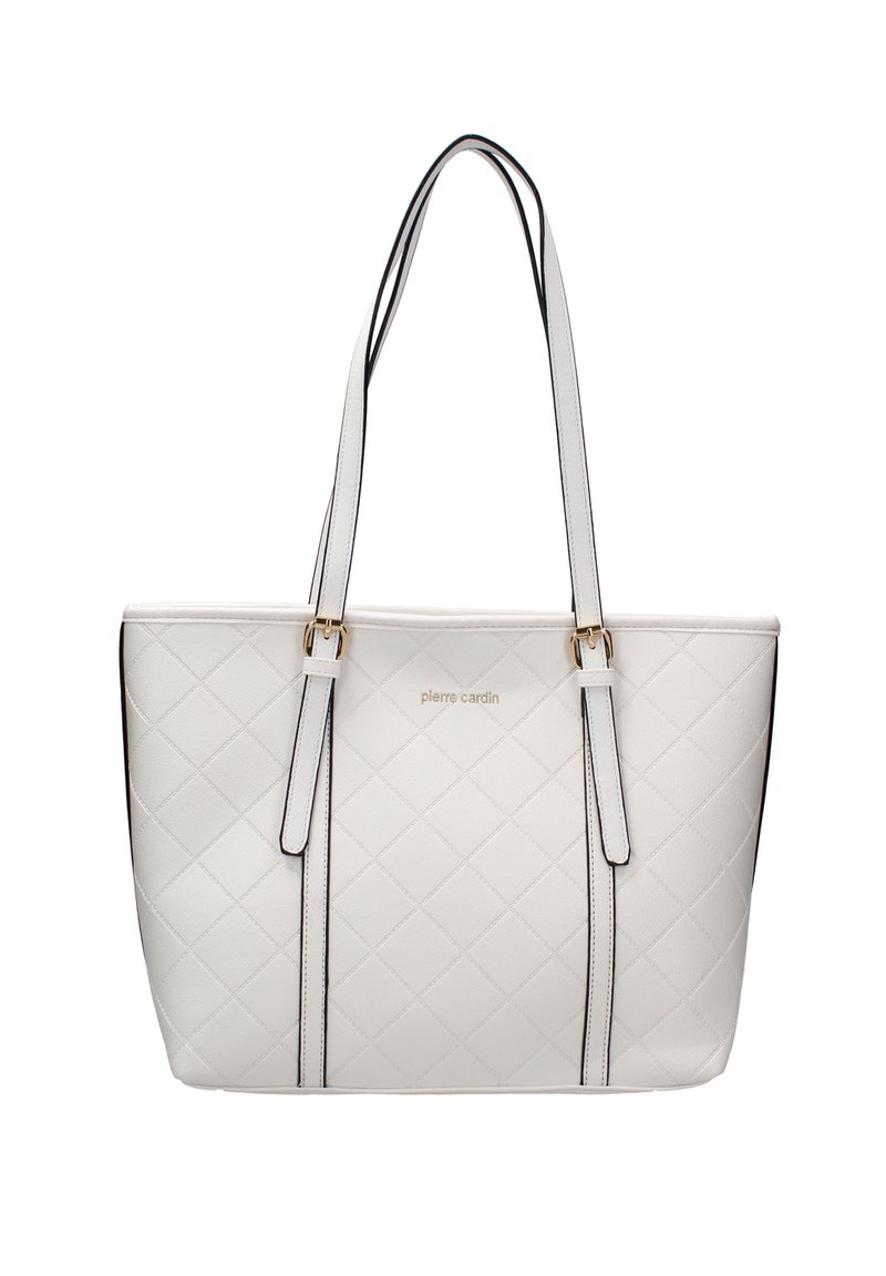 Witte doorgestikte tote bag met zwarte accenten, twee schouderbanden en een gouden logo-detail. Heeft een rechthoekige vorm en een gladde textuur.